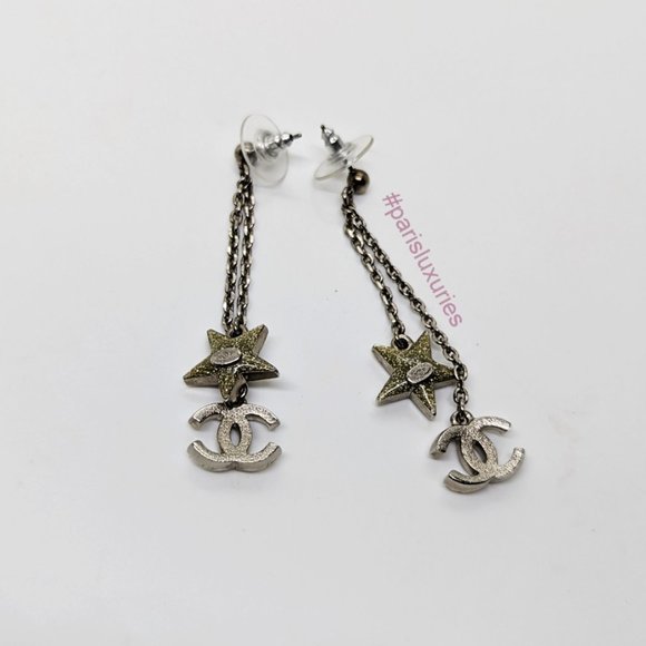 CHANEL Long Dangle Stars Crystals Rhinestones CC Chain Earrings - Picture 6 of 8